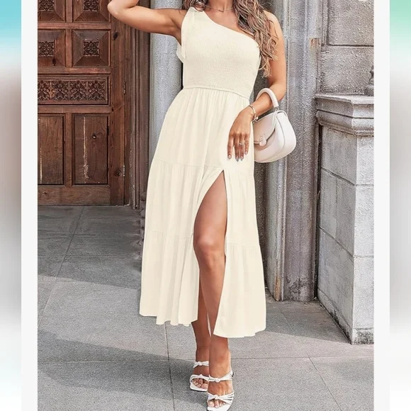 MEROKEETY One Shoulder Sleeveless Knot Smocked Midi Dress in Beige Size XL