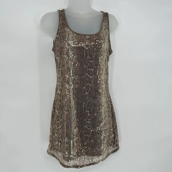 Joseph‎ Ribkoff Y2K Taupe Animal Print Sequined Mini Dress Tunic Tank size 4