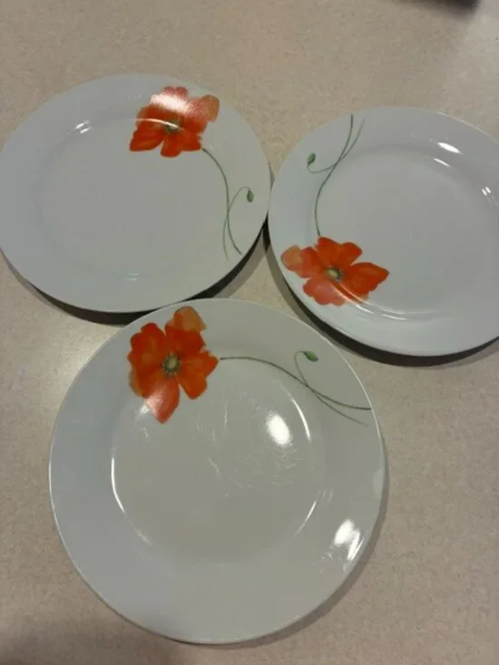 Set of 3 Corsica White Porcelain Orange Poppy 7.5
