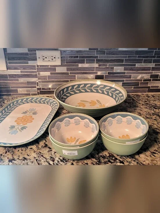 Better Homes And Gardens Serving Bowl, Tray And 4 Bowls Set in Sage and Blue
