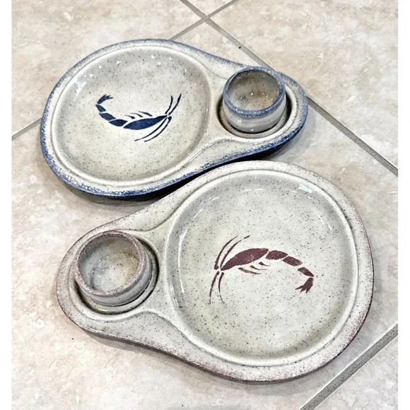 Pottery Shrimp Chip & Attached Dip Snack Platter Tray Plate Bowl Dish Nautical**