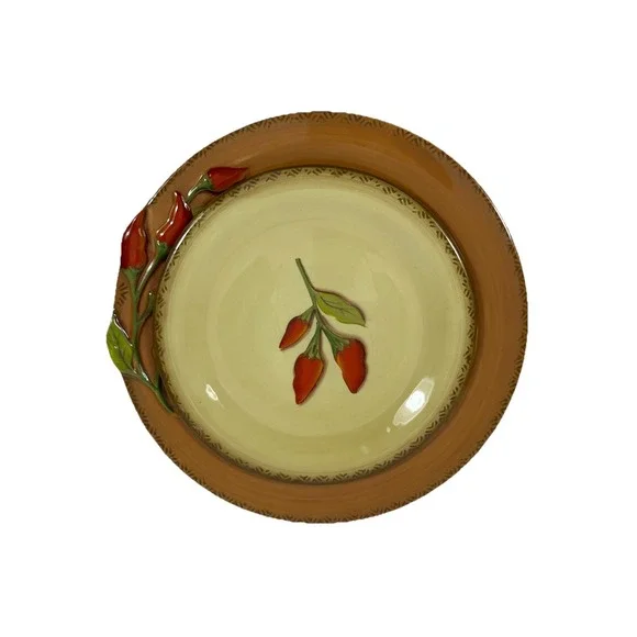Clay Art Serrano Dinner Salad Plate Set Red Chili Peppers Hand Painted Stonelite