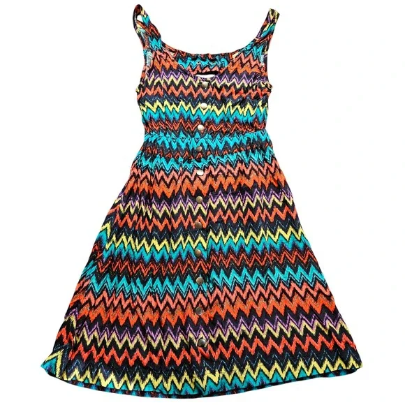 Derek Heart Chevron Print‎ Button Front Cutout Back Sundress Multi Color Medium