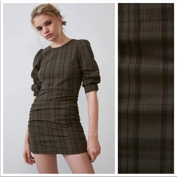 NWT Zara Khaki‎ Green Plaid Side Ruched Puff Sleeve Mini Dress Size Large L