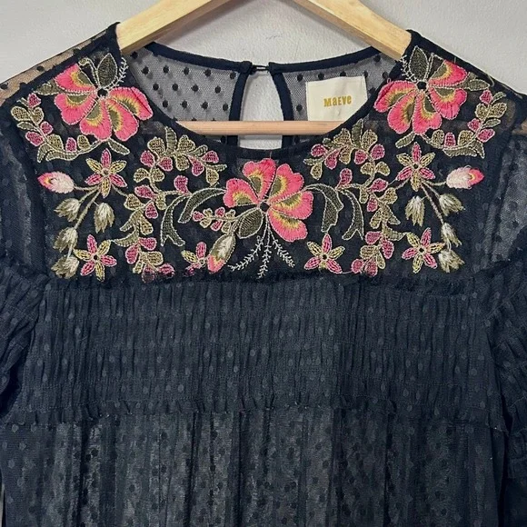 Anthropologie Maeve Samara Dress Womens M Black Mesh Floral Embroidered Tunic