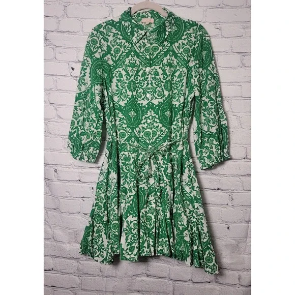 Goa Paris Green White Floral Cotton Shirt Dress 3/4 Sleeve Pockets M Cottagecore