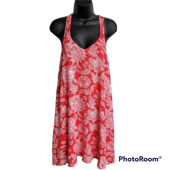 Entro Coral And White Paisley Open Strappy Back‎ Swing Dress Women's Size Small
