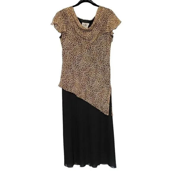 New LA Gal Black & Animal Print Flutter Short Sleeve Maxi‎ Dress Women's Size 8