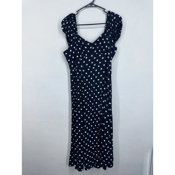 Coquette Puff Sleeve MEDIUM Black White Polka Dot 40s Style Midi Sun‎ Dress