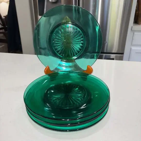 Vintage Emerald Green Pressed Glass Starburst Center Salad Plates Set of 5