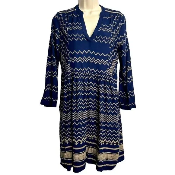 Holding Horses Anthropologie Navy and tan graphic print long sleeve dress
