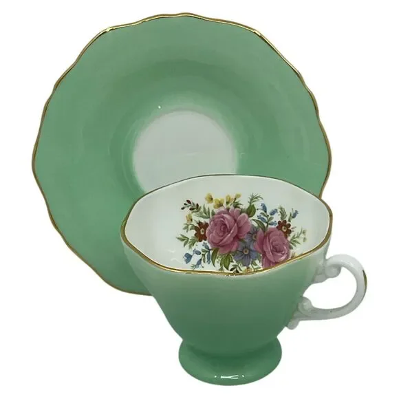 Mint Green Floral Crown Tea Cup and Saucer  Staffordshire‎ England Pink Roses