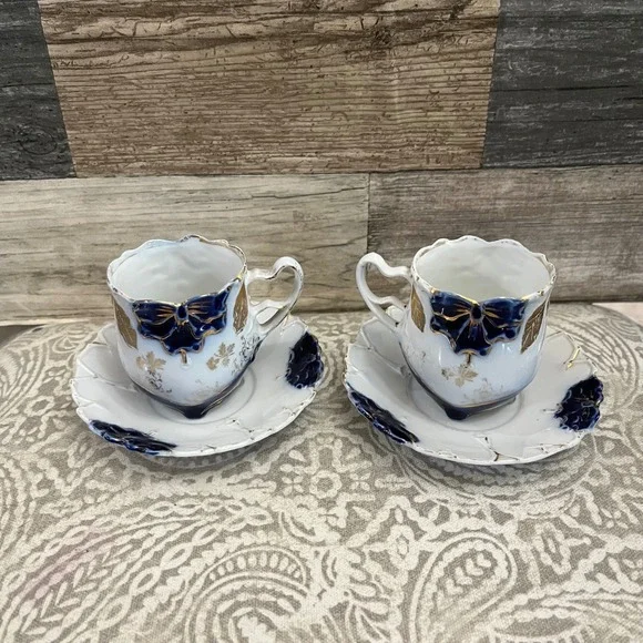 Antique Flow Blue Gold Floral Demitasse Cup and Saucer Set of 2 Footed Porcelain