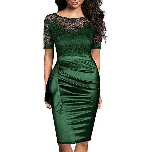 💚 Elegant Romantic Lace Satin Fitted Ruched Ruffles Retro Pencil Dress XXL NWT