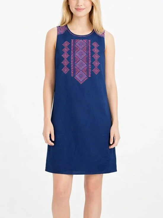 2/$30 J. Crew Aztec Embroidered Tank Shift Dress Navy Medium #A1955