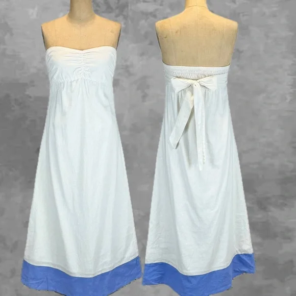 VINTAGE Tommy Bahama linen cotton‎ strapless dress long maxi smocked bow waist