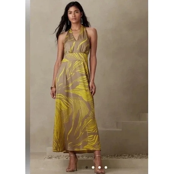 Banana Republic Halter Maxi Dress Yellow‎ Palm Print Petite 16