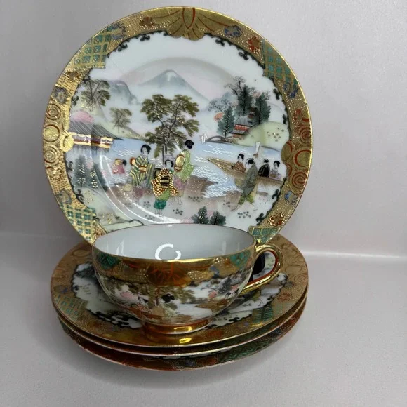 Vintage 5-Pc Kutani Japanese Eggshell Porcelain Teacup & Bread‎ Plates Gold Gilt