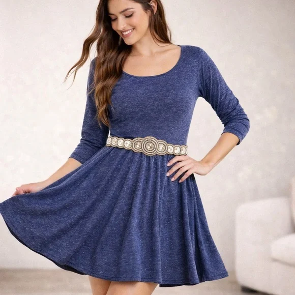 Modern Feminine‎ XS Fit and Flare Dress Knit Beaded Belt Heathered Blue