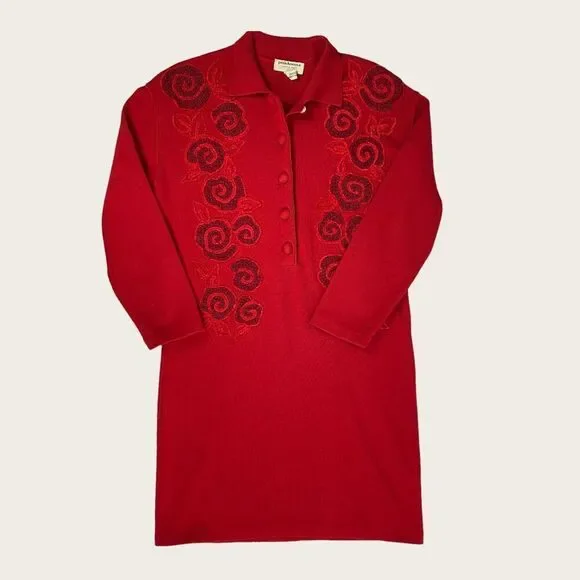 Rare Piudonna Red Virgin Wool Crewelwork Dress