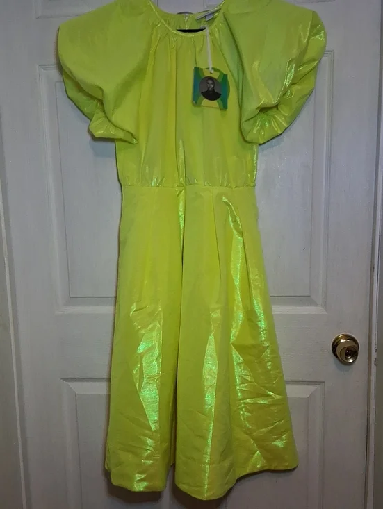 Christopher John Rogers Neon Yellow Shiny Puff Sleeve Dress