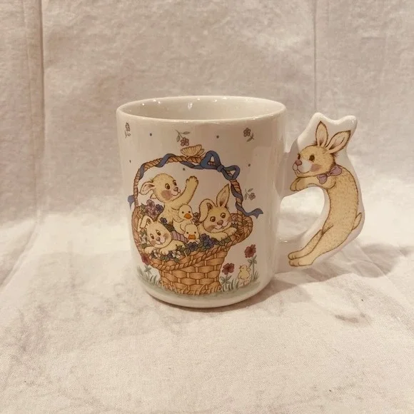 Easter Bunny Mug Basket Rabbits Ducklings Handle 3D Ceramic Pastel Kawaii 4