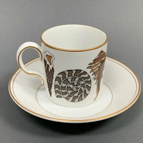 Neiman Marcus by Fitz and Floyd‎ FF Gold Trim Brown Shells Tea Cup & Saucer