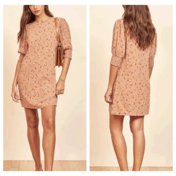 Reformation Lea Mini Dress Ina Floral Puff Sleeve Round Neck Twee Medium City‎