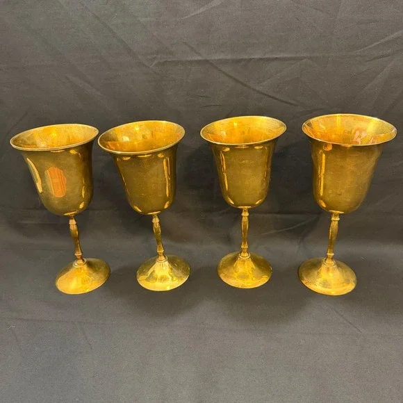 Vintage Solid Brass‎ Goblets Set of 4 Made in India Wine Water Chalice Gold Tone