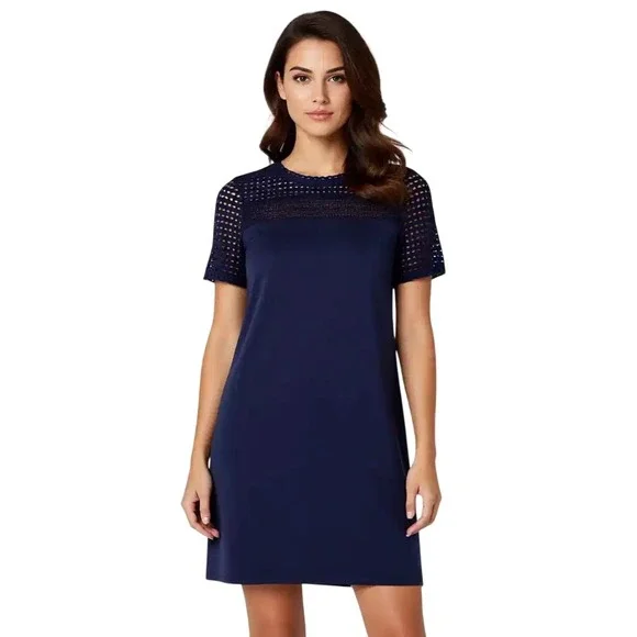 Michael‎ Kors Navy Blue Eyelet Laser Cut Shift Dress Short Sleeve Crew Neck M