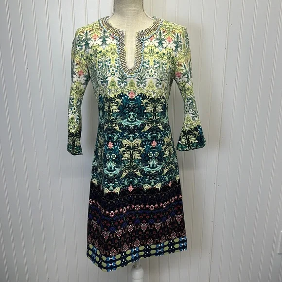 Just Taylor Garden Party Beaded Neckline Trumpet Sleeve‎ Sheath Dress Sz 4