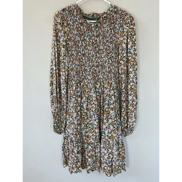 Andree by Unit Womens Olive Green Floral Smocked Tiered Mini Dress Size Medium‎