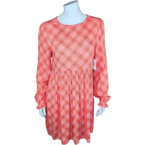 NWT BP. Womens‎ XS Pink Red Ian Bias Plaid Long Balloon Sleeve Midi Dress…