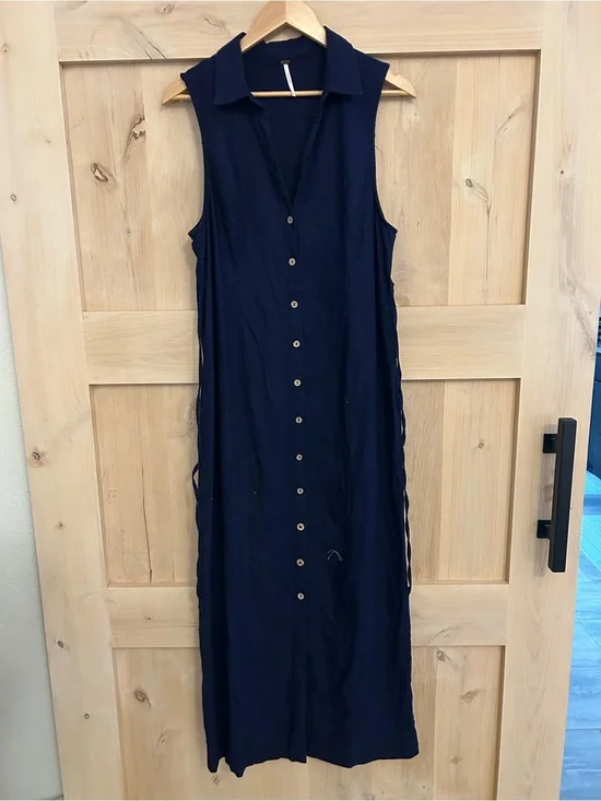 Free People Sleeveless Navy Linen Cotton Button-Front Maxi Dress, Medium