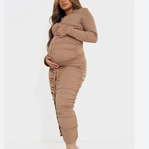 Pretty Little Things Maternity Stone Ruched Midaxi Dress Khaki Color 4 NWT in Pk