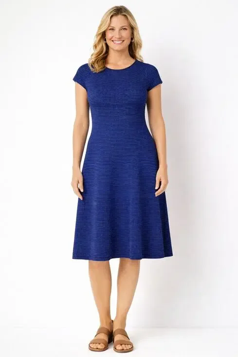 Escada Womens Blue Short Cap Sleeve A Line Dress Round Neck Knit Size XL Black