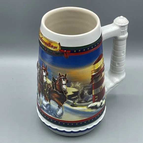 Vintage Budweiser‎ Stein Beer 2002 Guiding the Way Home Lighthouse Christmas