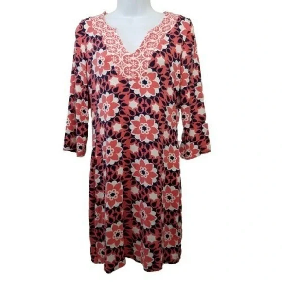 Boden 6 Dress Pink White Retro Floral Notch Collar‎ Stretch Jersey Coquette