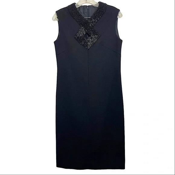 Vintage Black Beaded V-Neck Collar‎ Knit Mid Length Sheath Dress LBD