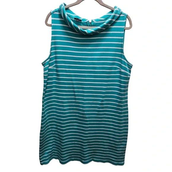 Talbots Women's Striped Sleeveless Dress XL Teal Cowl Neck‎ Cotton Casual Summer