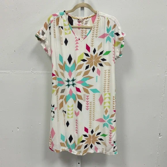 White Stuff Aztec Geometric Starburst‎ V-Neck Shift Mini Dress Multi Sz 8 Boho