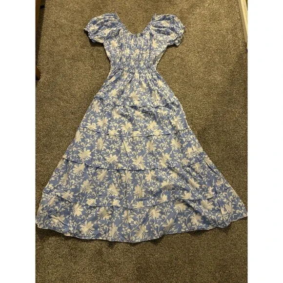 Pink City Prints Puff Sleeve Blue Floral Maxi Dress Smocked‎ Size Large