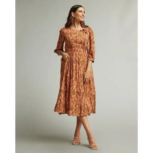 NWT Downeast Ziggy Tie Dress Midi Abstract Print Size‎ XL Romantic Modest Button