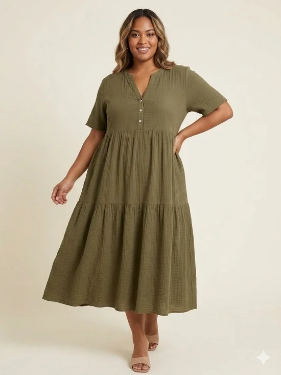 Plus-Size‎ Olive Green Tiered Maxi Dress with Button Front