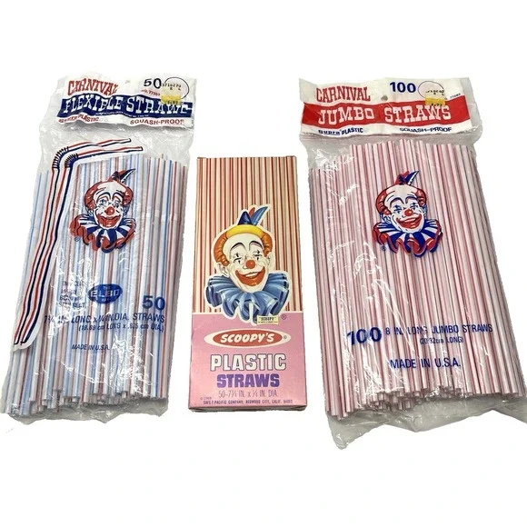 Vintage 1969- 80s Carnival Supra Plastic Scoopy's Squash Proof Straws Lot Of‎ 3