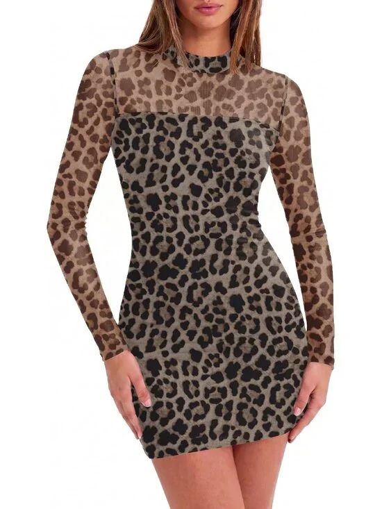 👗 Women's Leopard Mesh Sheer Long Sleeves Dress Ruched Bodycon Mock Neck Dress