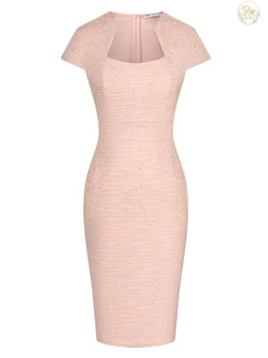 Tweed Pencil Dress for Women, 50s Vintage Style Cap Sleeve Bodycon Midi Dress