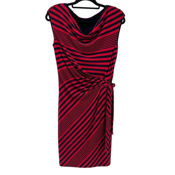 Lauren Ralph Lauren Red Navy Striped Cowl Neck Side Tie Sheath Dress 12 Slimming