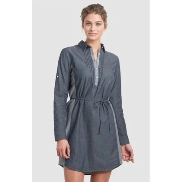 Kuhl Kiley Dress Indigo Sail Blue Chambray Shirt Dress‎ Belted Womens Size Large