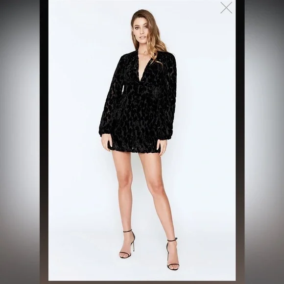 Bardot Black Velvet Burnout Plunging Mini Dress